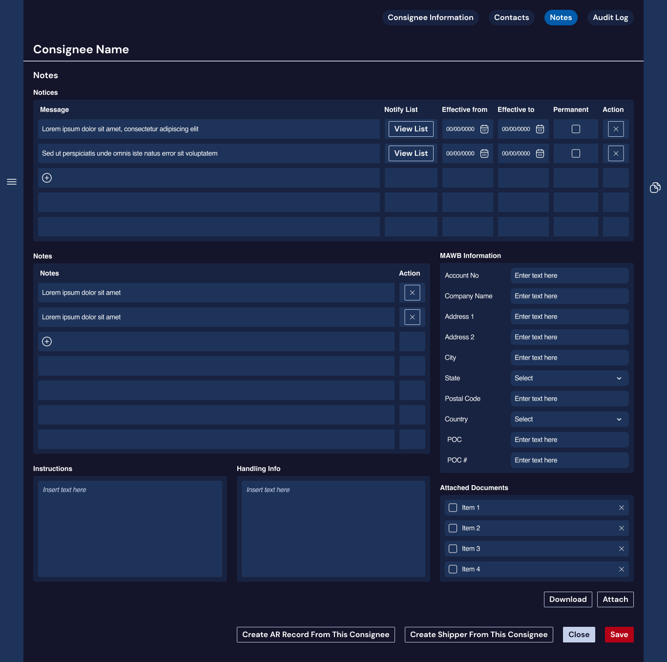 Consignee Record Notes Tab