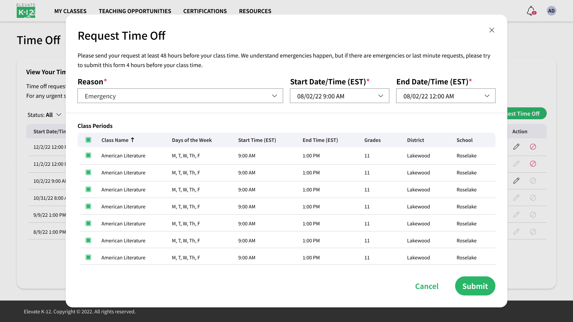 Time Off – Request Modal – Class Periods